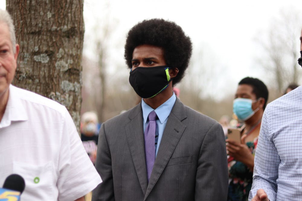 <p>Justin Pearson, one of the co-founders of Memphis Community Against the Pipeline, stands next to former Vice President Al Gore during a press conference after a rally against the construction of the Byhalia Connection pipeline.</p>
