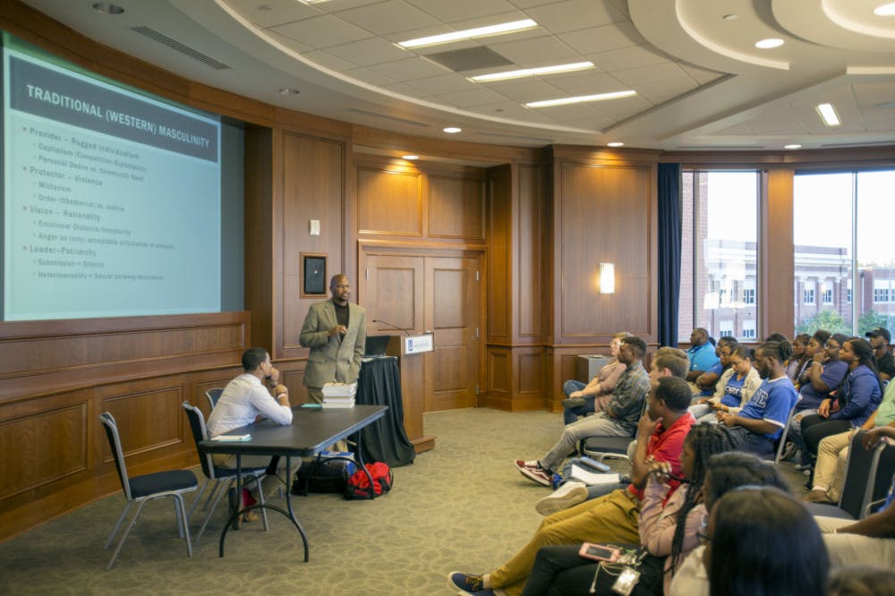 <p>Terrence Tucker and Corey Reed lead a discussion on toxic masculinity in society. This event was sponsored by Safety Net, a&nbsp;<span>student-led, on-campus support group for survivors of sexual assault and allies.</span></p>