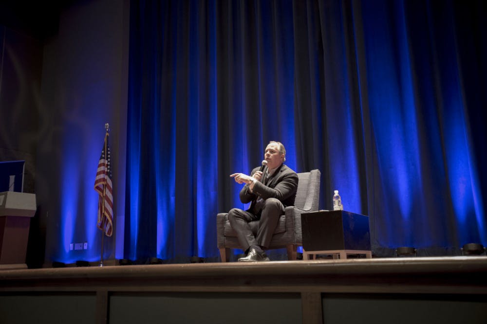 <p>University of Memphis president M. David Rudd answered questions on various campus issues and concerns at Tuesday's Town Hall Meeting. Rudd hosts this event yearly.</p>