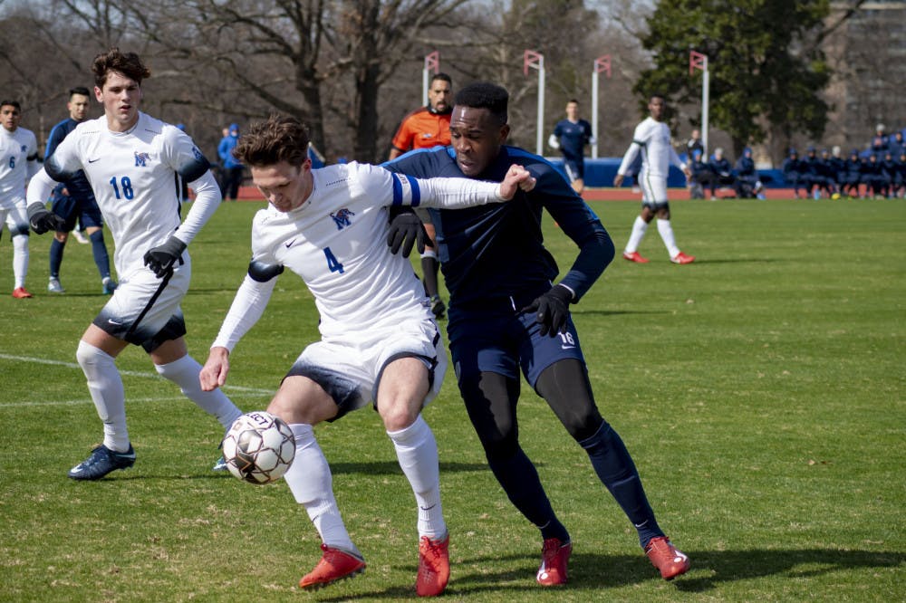 <p class="p1"><span class="s1"><strong>Ben Roberts (No. 4) controls the ball as he fights off a Memphis 901 FC player. Roberts earned All-Conference First Team honors last season.</strong></span></p>