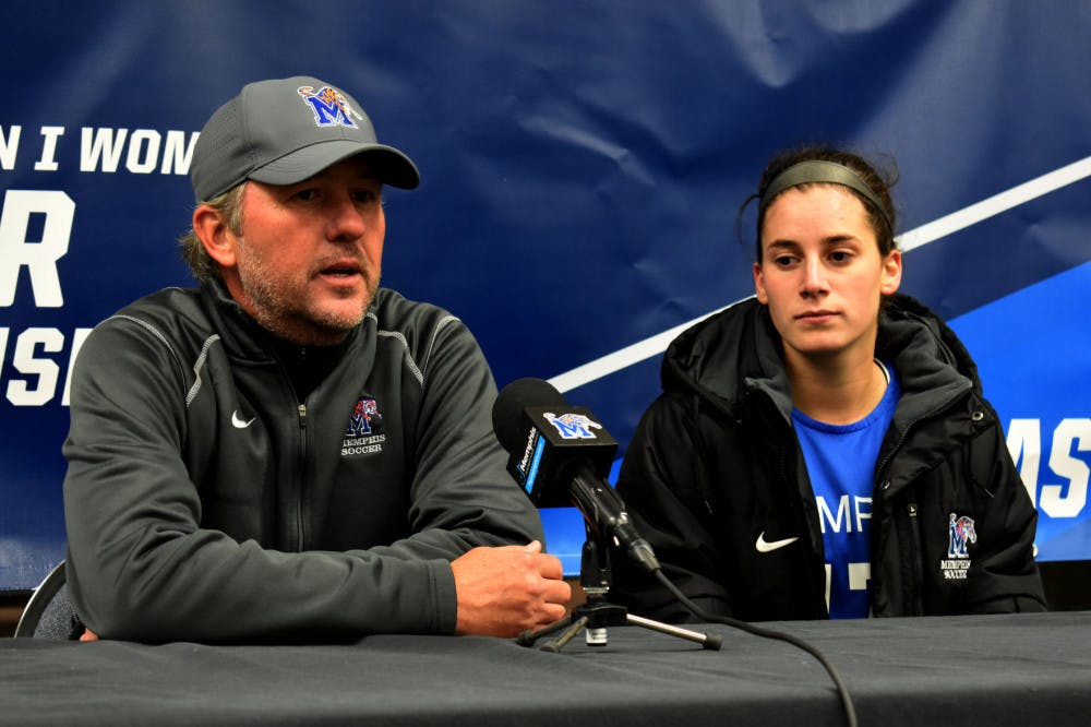 <p class="p1"><span class="s1">Women’s soccer head coach Brooks Monaghan and sophomore forward Clarissa Larisey speak with media. The women’s soccer team signed 10 recruits for play to the team next season.</span></p>