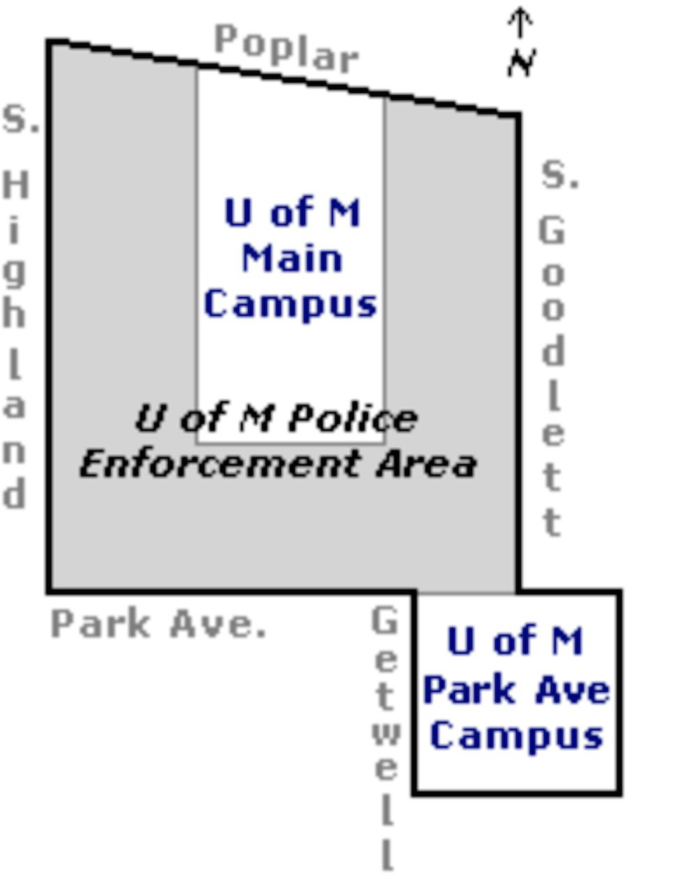 <p>Shown above is the UofM Police Services enforcement area. The boundaries end at Highland, Poplar, Goodlett, Park and Getwell, but also extend to the Park Ave. campus – often called South Campus.</p>