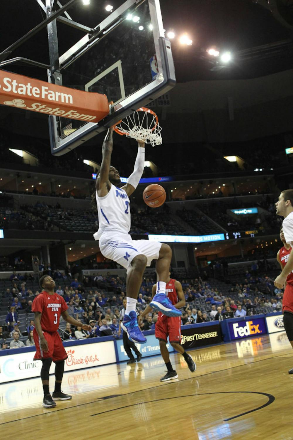 <p>University of Memphis forward Shaq Goodwin dunks the ball in a game against Jacksonville State in the 2014-15 season. Goodwin averaged 10.7 points per game in his four seasons at Memphis.&nbsp;</p>