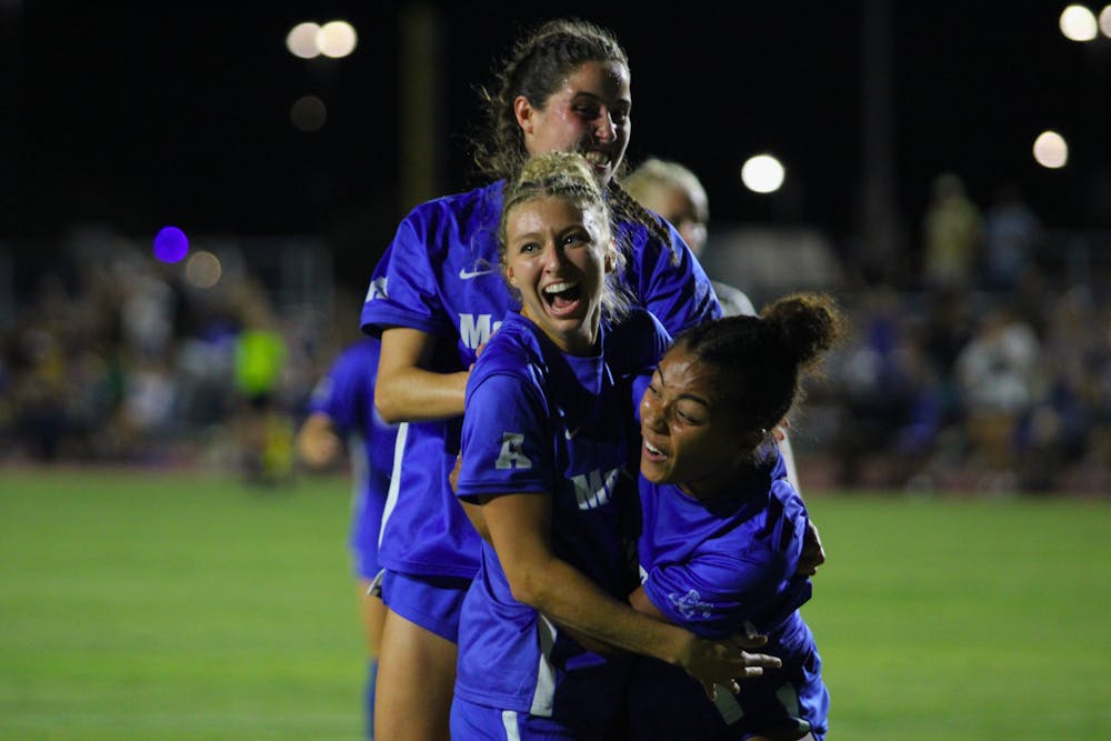 <p>Memphis forward Elise Perron (middle) celebrates her game winning goal with her teammates in Memphis&#x27; 1-0 win over Vanderbilt.</p>