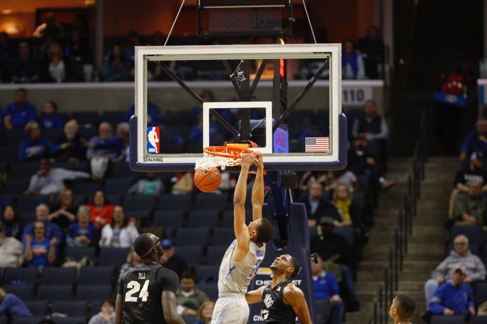 <p>Jimario Rivers finishes the and-one dunk against UCF. He leads all starters with a .627 field goal percentage.&nbsp;</p>