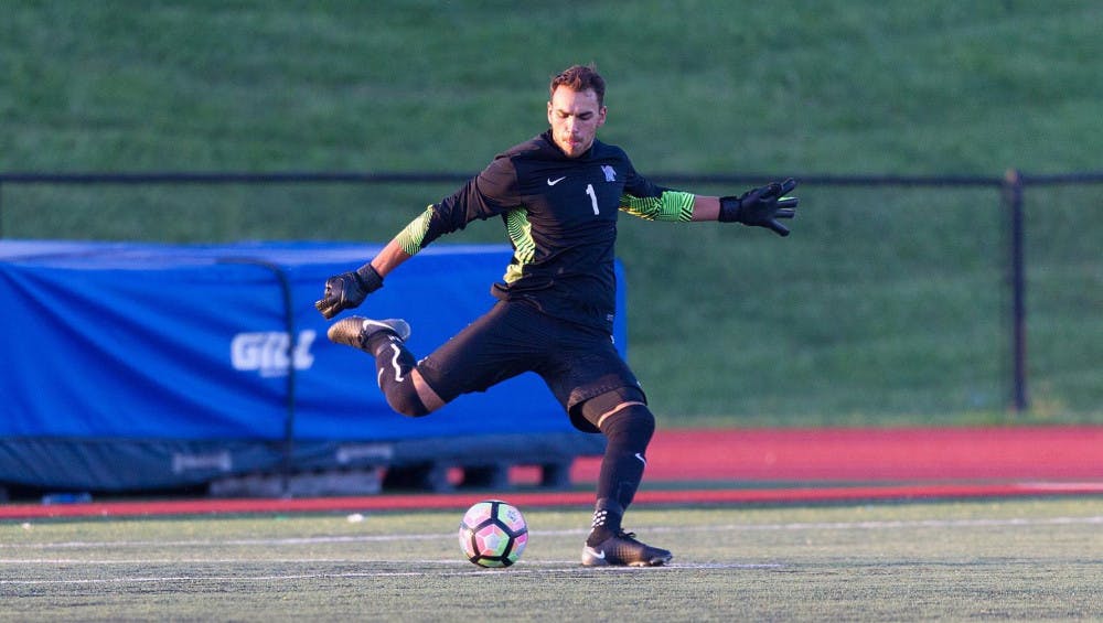 <p>Jake Leeker sets up for a kick. The former Tiger Goalkeeper signed a professional contract with the Real Monarchs SLC. (Credit-Memphis Athletic Dept)</p>