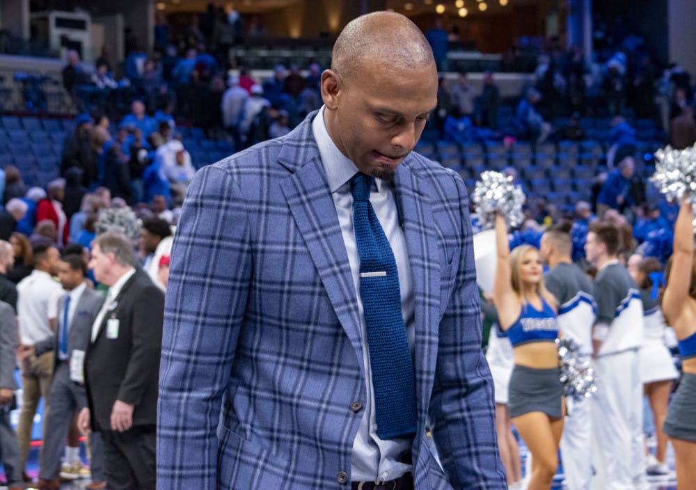 <p>Penny Hardaway with his head down after a loss against USF on Feb. 08, 2020. The Tigers are now on a three-game losing streak after dropping a 64-61 decision at UConn this past Sunday.</p>