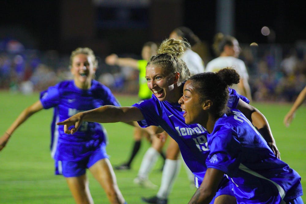 <p>Memphis forwards Elise Perron and Taliah Brooks celebrate a goal in the Tigers&#x27; 1-0 victory against Vanderbilt on August 24.﻿</p>