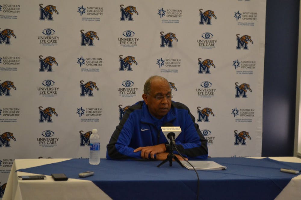 <p>Tubby Smith talks to the media during a post-season press conference. Smith led the team to 19 wins in his first season at Memphis.</p>