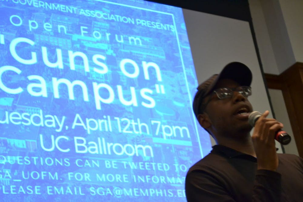 <p>Jared Moses, president of the student government at the University of Memphis, talks to students during an open forum about guns on campus. A bill is working its way through the state legislature that would allow full-time employees to carry a concealed firearm onto Tennessee public colleges and universities.&nbsp;</p>