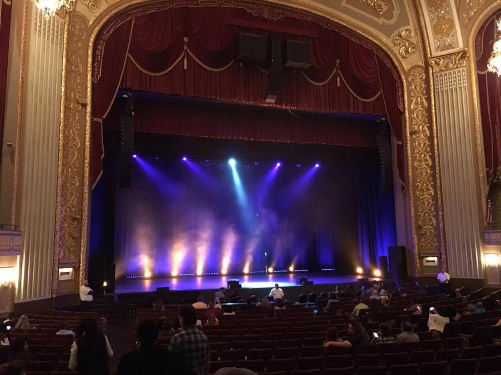 <p>The stage of the Orpheum Theatre moments before host of "The Daily Show" Trevor Noah performed on Sept. 29.</p>