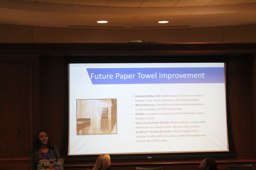 <p>Students Government Association members discuss changes for restrooms on campus. The new toilet paper and paper towel dispensers will begin to be installed in the University Center.</p>