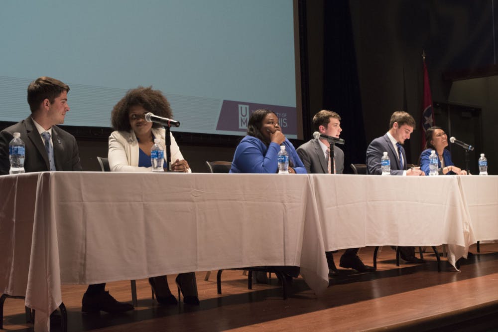 <p>Student government candidates answer audience questions at the 2017 SGA Candidate Forum. The candidates described their reasons for running for office and what they would like to change at the University of Memphis.</p>