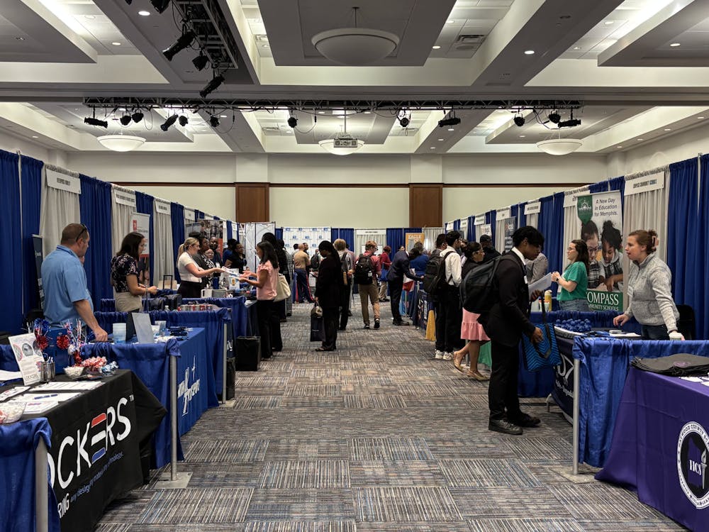 <p>Several University of Memphis students attend the All-Majors Career Fair in the University Center Ballroom on Sept. 24.<br/><br/></p>