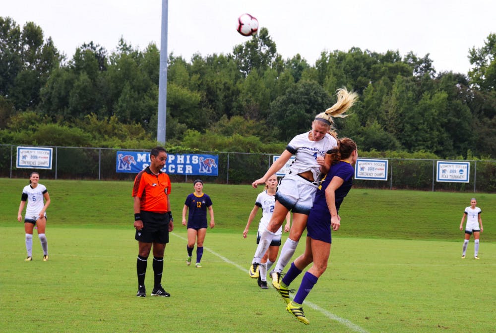 <p>Elizabeth Woerner wins a header over an ECU defender. The Tigers came back to win 2-1 after trailing to be 2-0 in AAC play.&nbsp;</p>