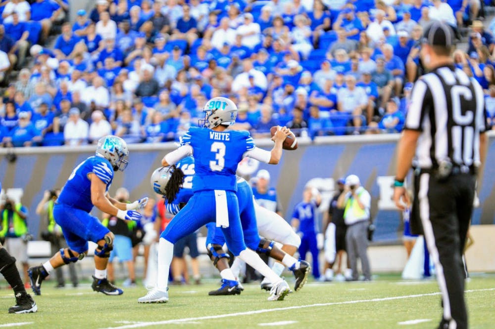 <p>Brady White throws a touchdown pass against the Mercer defense.&nbsp;White completed 22 of his 28 pass attempts for 358 yards and five touchdowns</p>