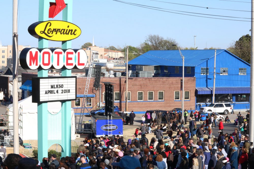 <p>A crowd gathers at the National Civil Rights Museum in commemoration of Martin Luther King, Jr.'s death. The event drew thousands of people to the Lorraine Motel.</p>