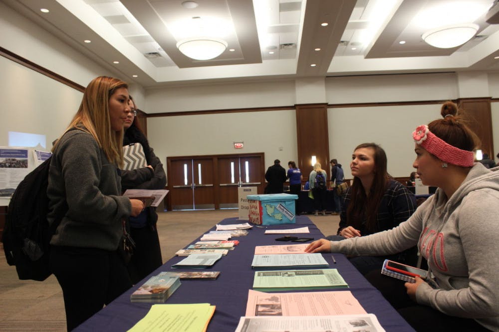 <p class="p1">Psychology major Jennifer Rice and foreign language major Michelle Sauceda hand out information</p>
<p class="p1">to interested students Brianna Palomaes and Katherine Camarna at the study aboard fair</p>
<p class="p1">Wednesday in the University Center Ballroom</p>