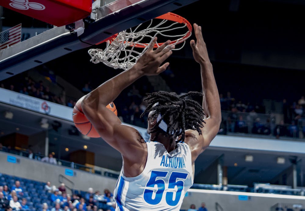 <p>Precious Achiuwa makes a dunk. Achiuwa ended with a game-high 21 points, 11 points and two assists. (Frank Ramirez/Daily Helmsman)</p>