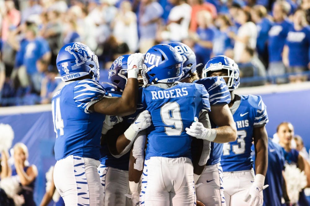 <p>The Memphis Tigers celebrate after a touchdown during the season opener against Nicholls State. They are looking to maintain that offense against Mississippi State Saturday.</p>
