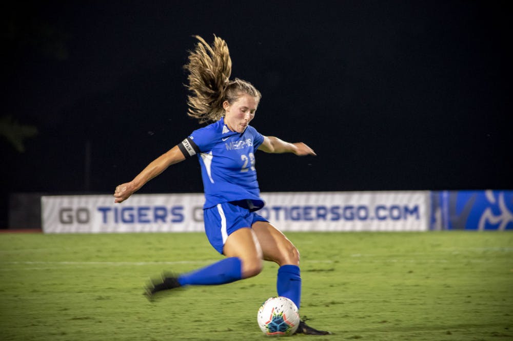 <p>Stasia Mallin crossing the ball into enemy territory. The Memphis Tigers defeat Iowa State 3-0 last Friday night at home.</p>