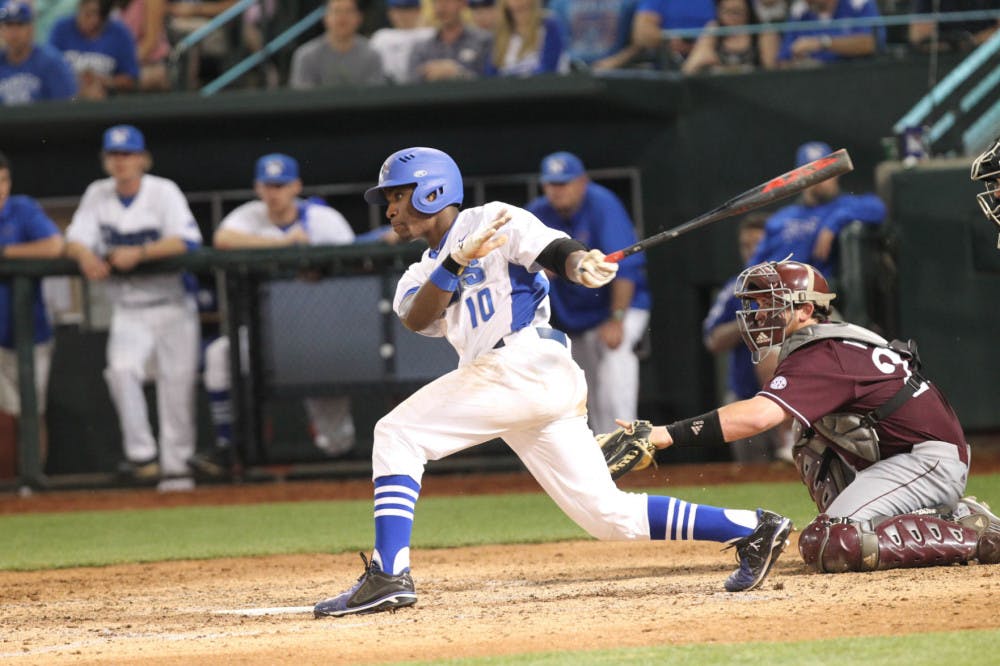 <p>University of Memphis junior centerfielder Darien Tubbs taking a swing with his bat last season. Tubbs recorded 75 hits and 38 RBIs in the 2015 season.&nbsp;</p>