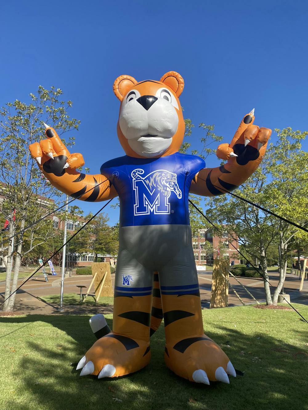 <p>A large inflatable tiger stands on the University of Memphis campus ahead of Homecoming Week festivities.</p>
