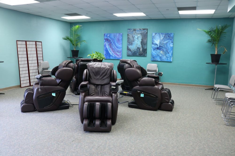 <p>The Relaxation Zone provides students with massage chairs to relieve muscle tension while they meditate. Students can visit the facility at 302 Brister Hall from 9 a.m. to 4 p.m. Monday through Friday.</p>