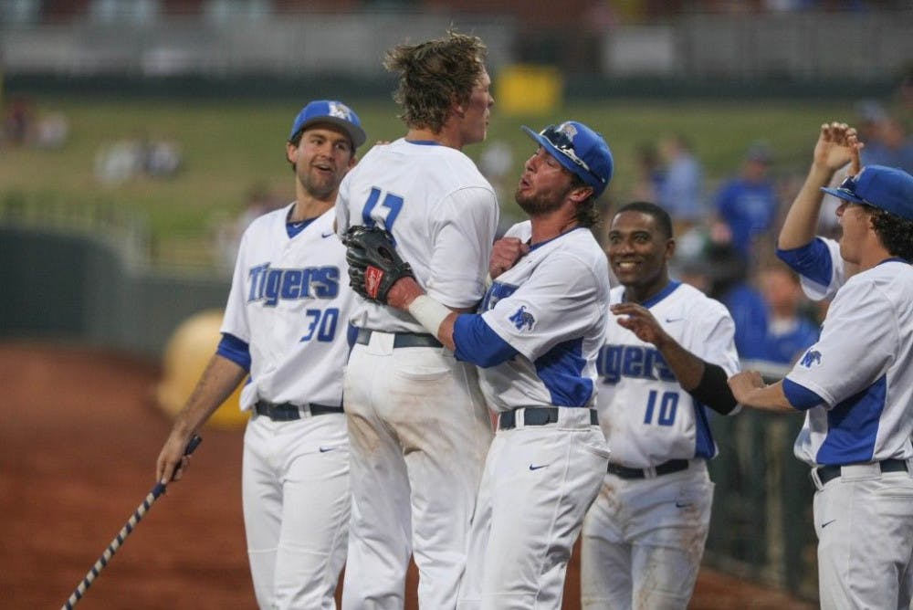 <p>The Memphis Tigers baseball team has been celebrating a lot of victories this season. The Tigers, 29-13, are one win away from matching their total in all of 2014 (30). Photo by David Minkin&nbsp;</p>