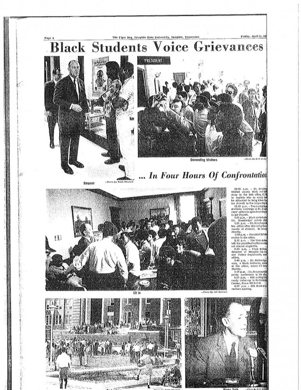 <p><em>The Tiger Rag</em>, the predecessor to <em>The Daily Helmsman</em>, covered the Black Student Association's sit-in at then-President Cecil C. Humphreys' office on April 24, 1969, with photos. The students demanded funding to bring Adam Clayton Powell to the university to speak.</p>