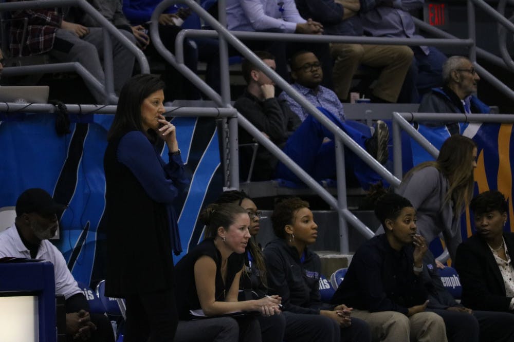 <p class="p1"><span class="s1"><strong>Head coach Melissa McFerrin watches the action from the sidelines against UConn. Despite their best efforts, the Memphis Tigers were unable to pull off the upset over the No. 3 ranked UConn Huskies, losing the game 102-45.</strong></span></p>
