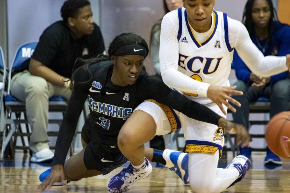 <p>Gazmyne Herndon tries to steal the ball away from an ECU player on Feb. 15, 2020. The Memphis Tigers dropped their afternoon matchup against the Pirates 61-57.&nbsp;</p>
