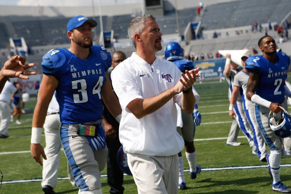 <p>Memphis Head Coach Mike Norvell celebrates after a 43-7 win against Kansas. Norvell announced the completion of the 2018 signing class Wednesday after recruiting 24 incoming players to the program.</p>