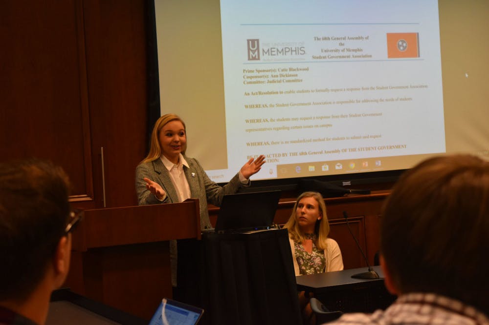 <p>SGA senator Catie Blackwood presents her rapid response bill to the senate. Blackwood wanted SGA to be able to respond to student concerns quicker.</p>