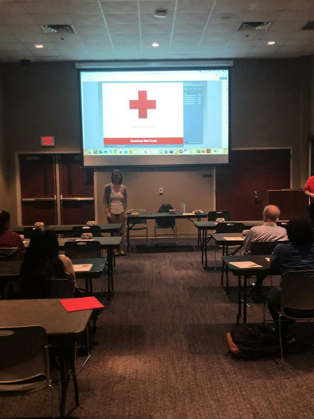 <p class="p1"><span class="s1">University of Memphis students and faculty listen to a lecture on CPR. This is part of a week long lecture series focused on safety.</span></p>