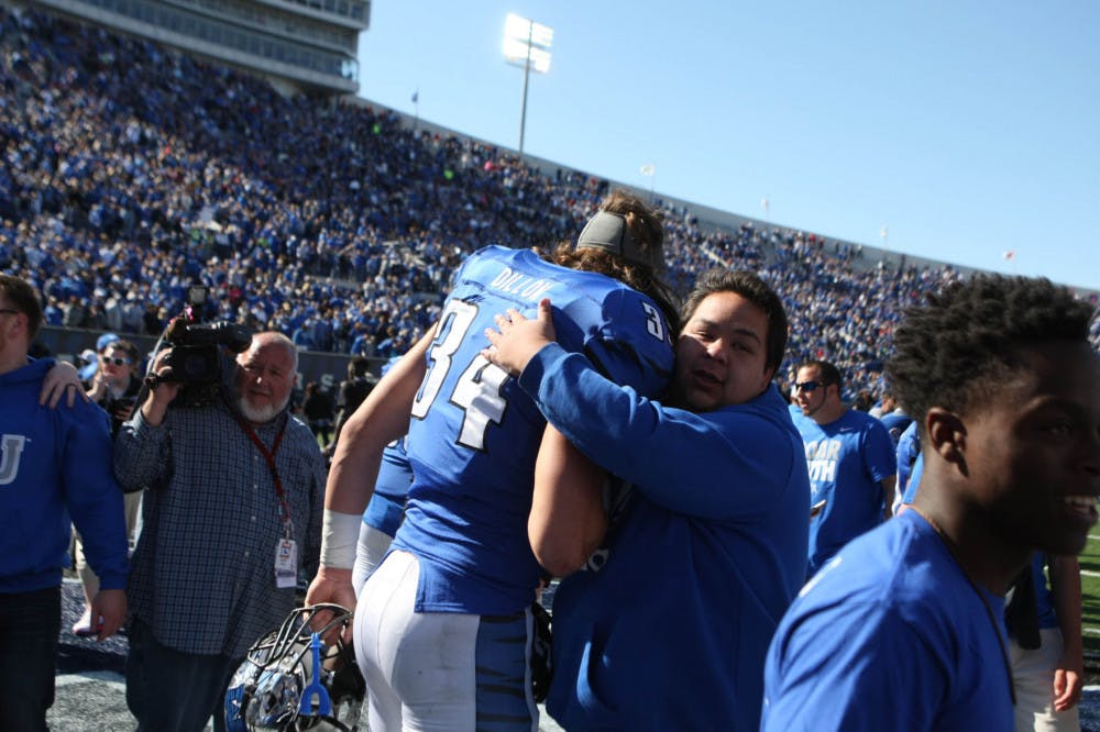<p>Jackson Dillon (34) celebrates after the Tigers defeated Ole Miss during the 2015 season. Head coach Mike Norvell announced Wednesday that Dillon will miss the remainder of the 2016 season with a knee injury.</p>
