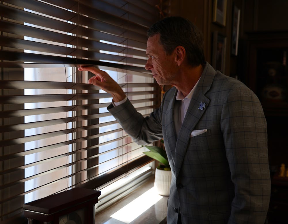 <p>Bill Hardgrave watching over the university from his office in the Administration Building.</p>