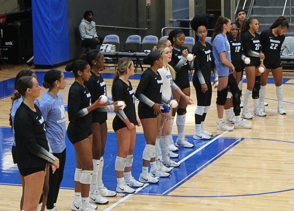 <p>The Memphis volleyball team lines up for the opening set of their 3-1 loss against North Texas on Sunday afternoon at Elma Roane Fieldhouse.﻿</p>