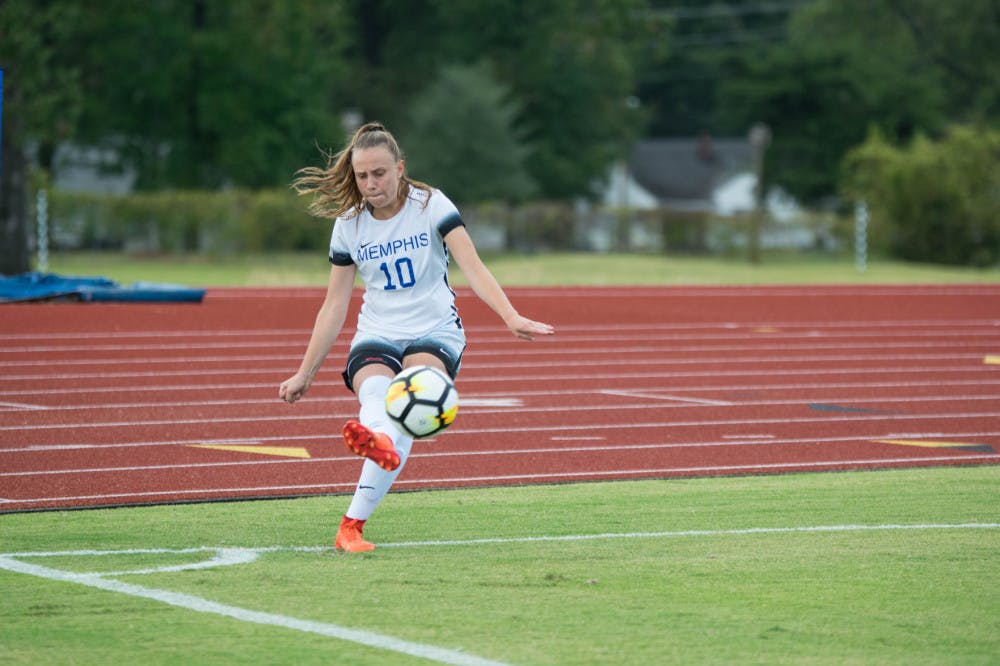 <p>Jessica Lisi takes a corner kick. Lisi has five goals and five assists through her sophomore campaign.</p>