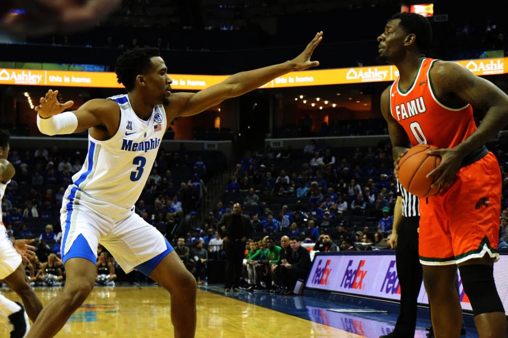 <p>Jeremiah Martin guards opposing FAMU player. Martin had a second half surge to end the game with 22 points, eight assists and six steals.&nbsp;</p>