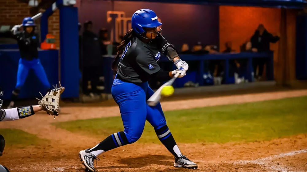 <p>Zoe Adebayo ﻿hits a pitch during Memphis&#x27; win against Lindenwood.</p>