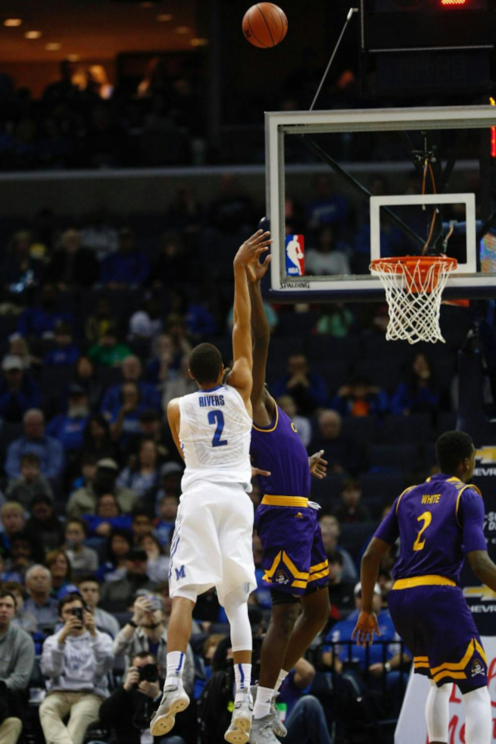 <p>Jimario Rivers hits a floater with seconds left in the first half. He led the team with 15 points in the win against ECU.&nbsp;</p>
