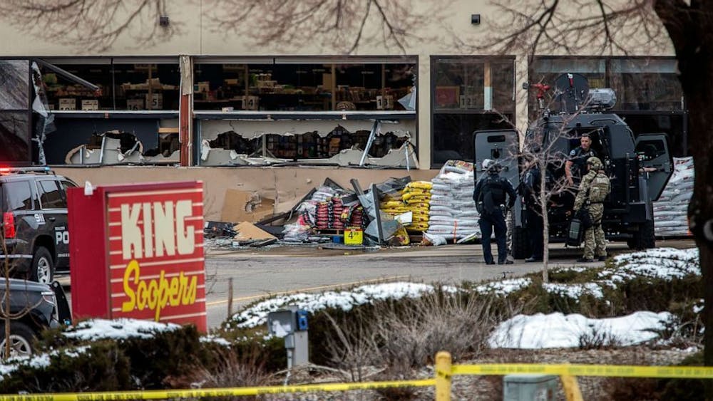 <p>Tactical units respond to the shooting at a Boulder store on March 22.&nbsp;</p>