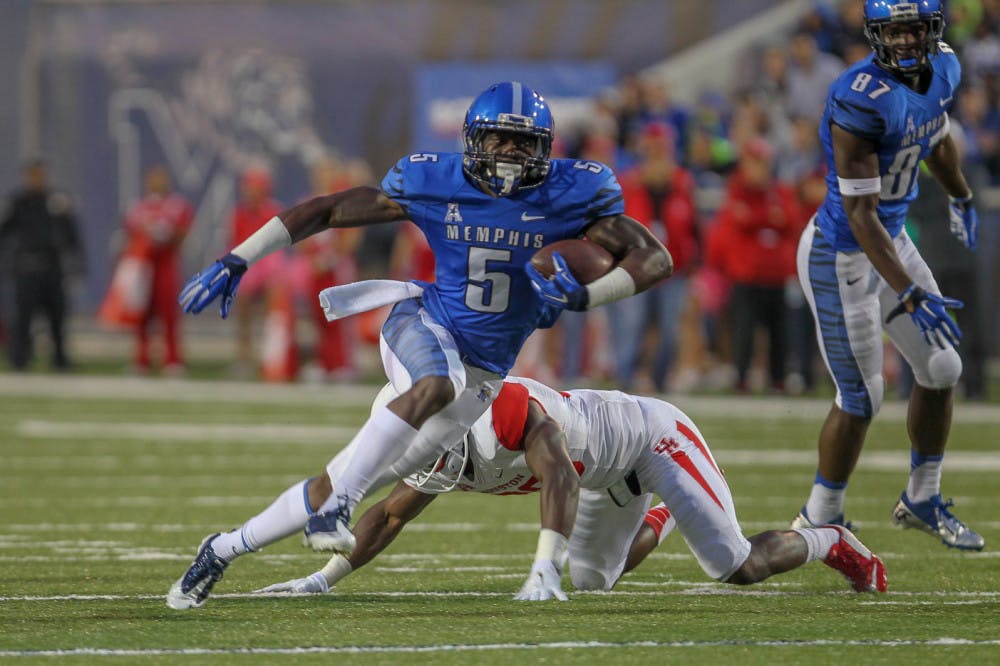 <p>Memphis redshirt senior Mose Frazier ran for a 60-yard touchdown and caught four passes for 77 yards in Saturday’s win against Kansas.&nbsp;</p>