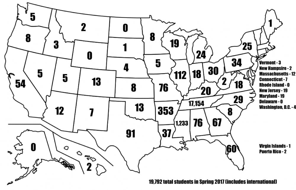 <p>While about 87 percent of U of M students were from Tennessee in Spring 2017, the university is pushing to attract students from all over the country. This map shows the total number of students enrolled at the U of M last spring from each state, using data from the Office of Institutional Research.</p>