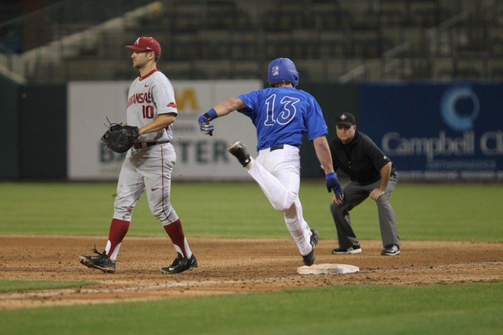 <p>Sophomore Chris Carrier has been running the bases quite a bit for the Tiger baseball team this season. Carrier’s scored 19 runs this season in addition to driving in another 24 runs for the Blue and Gray. Photo by David Minkin&nbsp;</p>