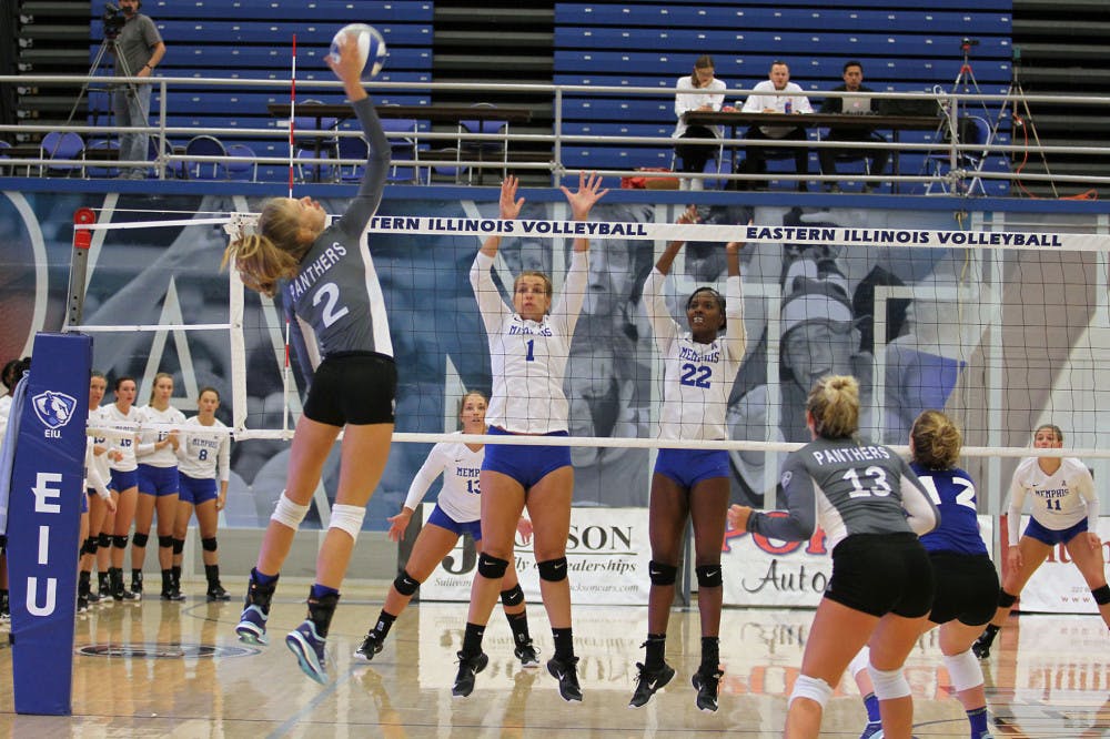 <p>Hannah Flowers and Brianna Kadiku jump to attempt to block the ball against Eastern Illinois. The Tigers have 47.5 blocks this season.</p>
