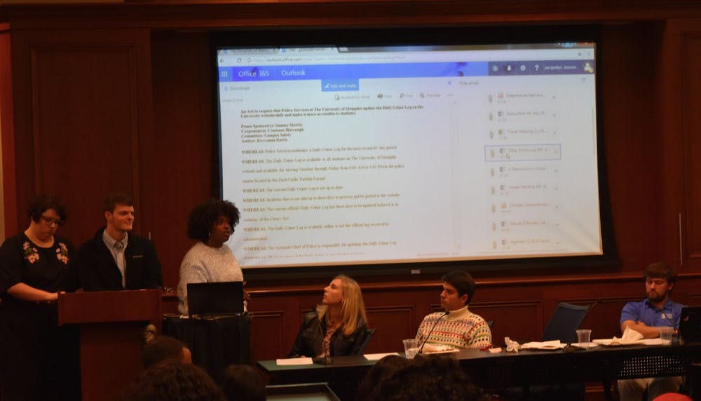 <p><strong>(From left to right) SGA campus safety committee members Courtney Harrough and Samuel Morris, vice president Kevyanna Rawls, speaker Jacqueline Joose, president Drew Gilmore and chief clerk Garret Barnes discuss campus safety bills. SGA passed three bills related to campus safety Nov.30.&nbsp;</strong></p>