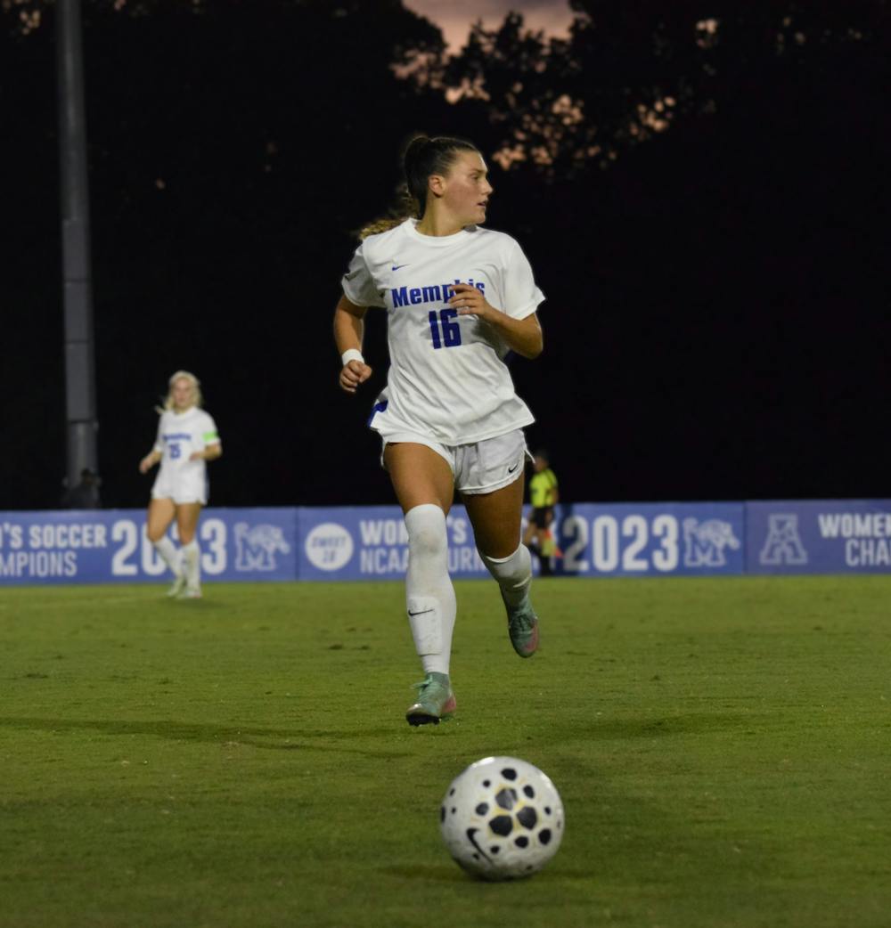 <p>Memphis defender Ally Casey gets to the ball before her opponent in the Tigers&#x27; 1-0 victory of UT Martin.</p>