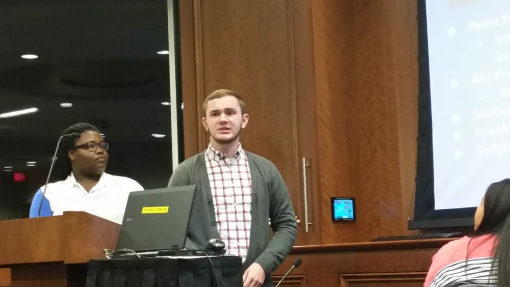 <p>Shelby Elkins and Ashton Toone present in front of student government on Oct. 15. They asked for an Office of Inclusion and Sexual Diversity to be created.&nbsp;Many universities in the South already have similar offices.&nbsp;</p>